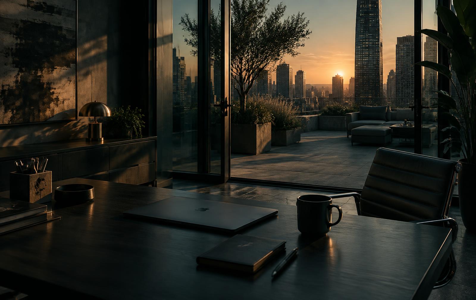 An empty desk at sunset, looking out over the city